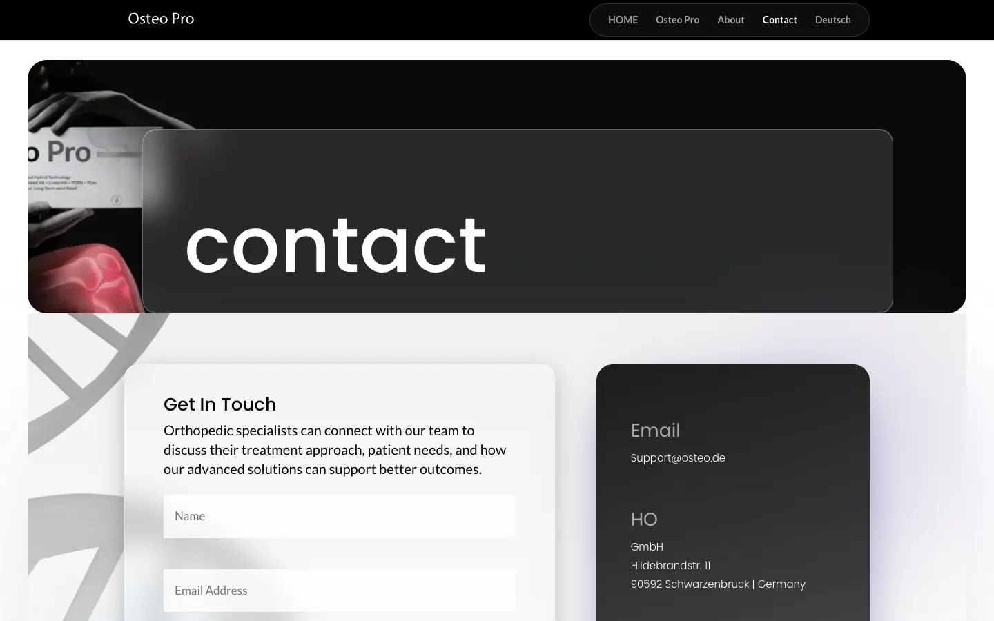 OSTEO PRO contact page